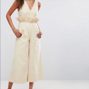 ivory/cream twill jumpsuit with ruffle waist